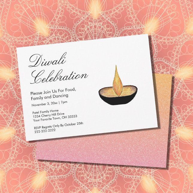 Diwali Celebration Pink Gold Glitter Diya Flame In Invitation (Creator Uploaded)