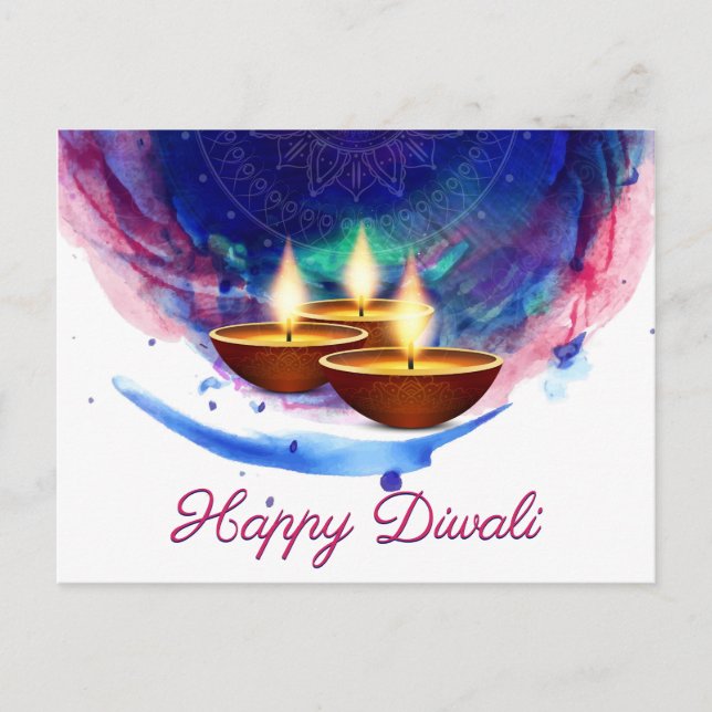 Diwali Diyas Blue Paint Wash Postcard (Front)