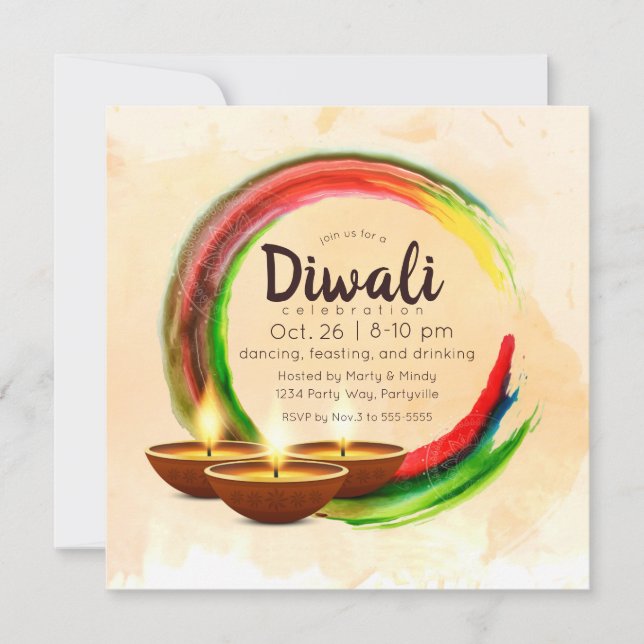 Diwali Diyas Watercolor Circle Invitation (Front)