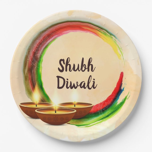 Diwali Diyas Watercolor Circle Paper Plate (Front)