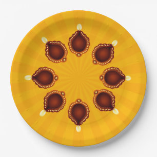 Diwali Diyas with Yellow Sun Rays Paper Plate
