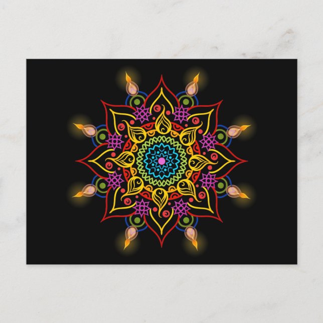 Diwali flower Rangoli with oil lamps Postcard (Front)