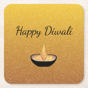 Diwali Gold Glitter Diya Flame Square Paper Coaster