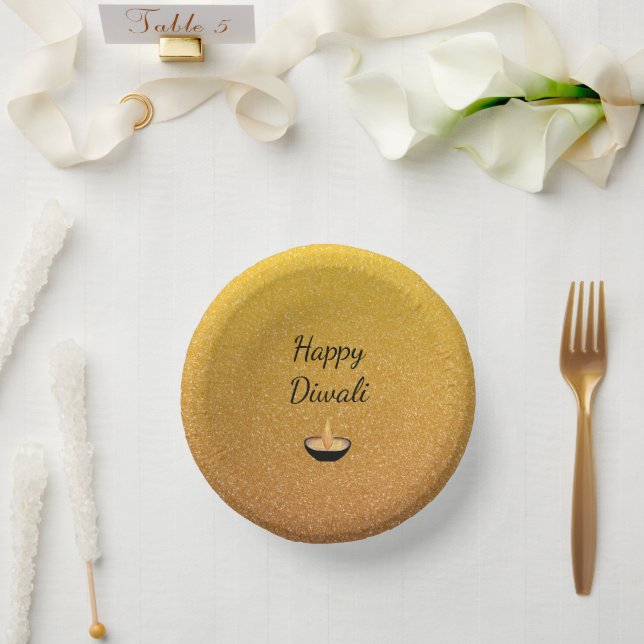 Diwali Gold Glitter Glam Diya Lamp Flame Paper Plate (Wedding)