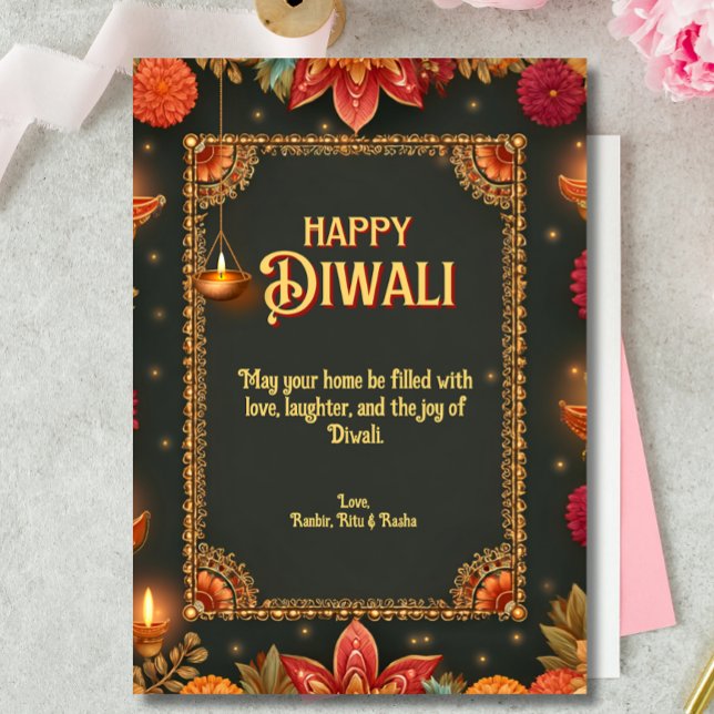 Diwali Green Gold Lamps Floral Ornate Border Invitation (Creator Uploaded)