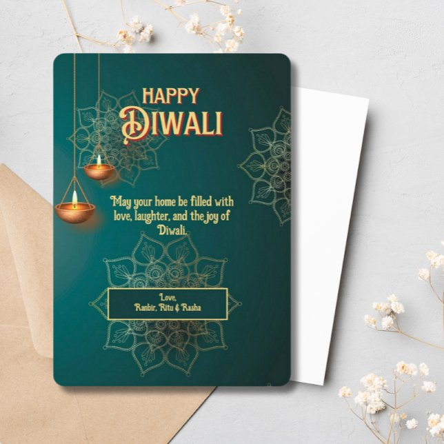 Diwali Green Gold Lamps Mandala Holiday Card (Creator Uploaded)