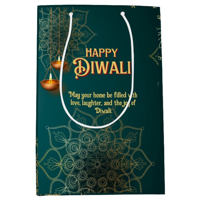 Diwali Green Gold Lamps Mandala Personalised Medium Gift Bag (Front)