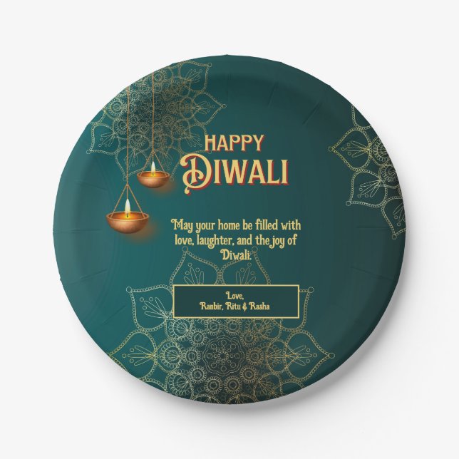 Diwali Green Gold Lamps Mandala Personalised Paper Plate (Front)