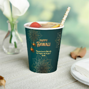 Diwali Green Gold Lamps Mandala Personalized Paper Cups