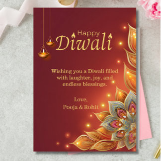 Diwali Holiday Card Red Gold Floral Lamps