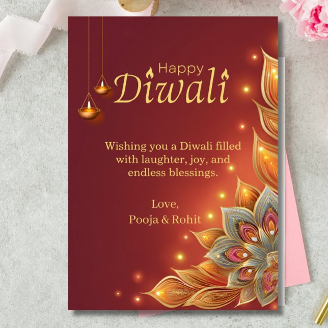 Diwali Holiday Card Red Gold Floral Lamps (Creator Uploaded)