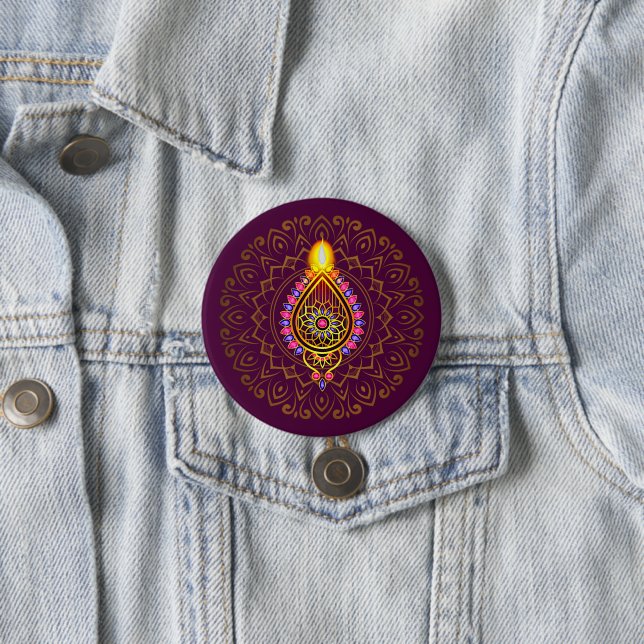 Diwali Jewelled Diya Candle Design Mandala Purple  7.5 Cm Round Badge (In Situ)
