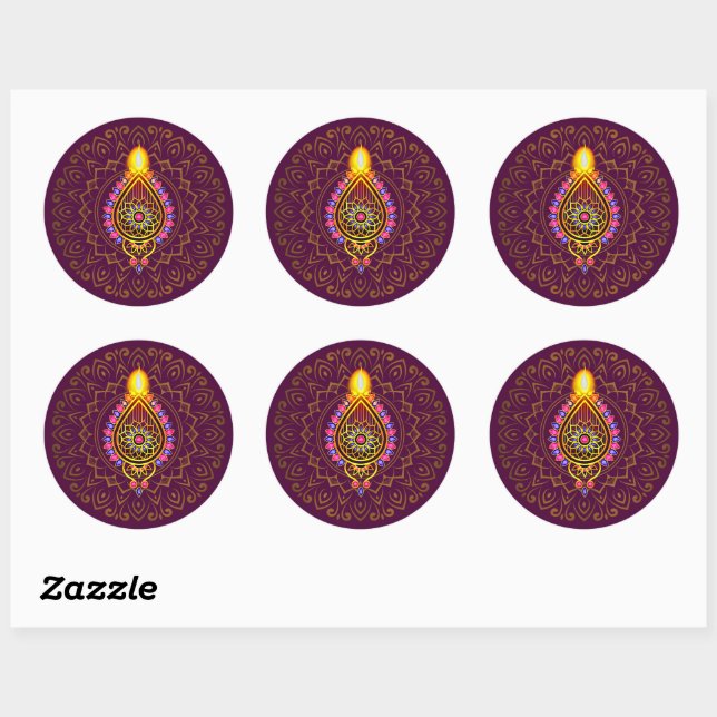Diwali Jewelled Diya Candle Design Mandala Purple  Classic Round Sticker (Sheet)