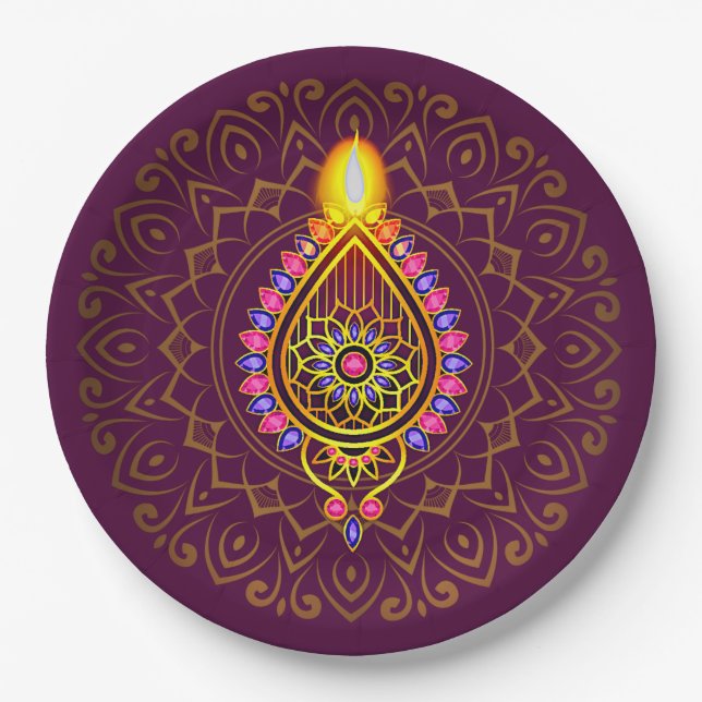 Diwali Jewelled Diya Candle Design Mandala Purple Paper Plate (Front)