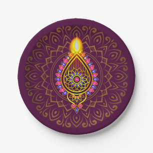 Diwali Jewelled Diya Candle Design Mandala Purple Paper Plate