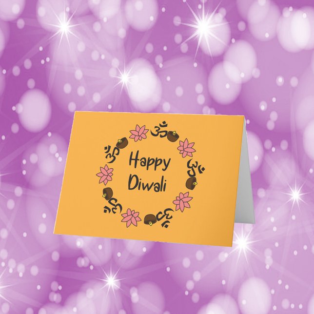 Diwali Lotus Flower Diya Candle Aum Orange  Thank You Card (A greeting card that says Happy Diwali surrouned by diya candles, lotus flowers and aum symbols)