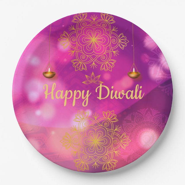 Diwali Purple Gold Mandala Lamps Paper Plate (Front)
