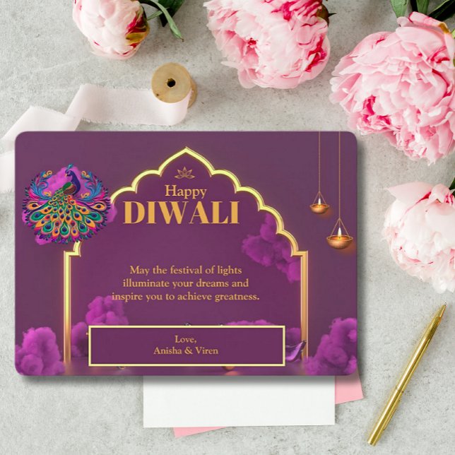 Diwali Purple Gold Peacock Lamp Greeting Holiday Card (Creator Uploaded)