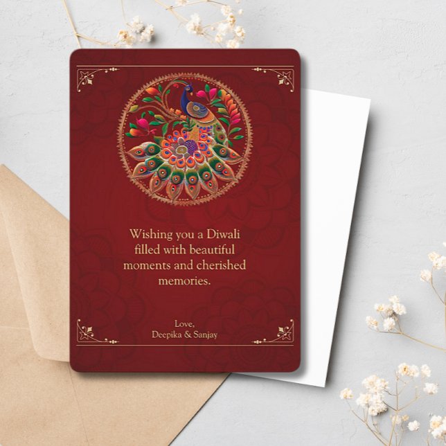 Diwali Red Gold Colourful Peacock Holiday Card (Creator Uploaded)