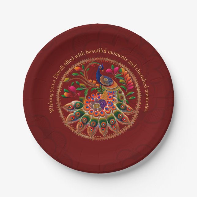 Diwali Red Gold Colourful Peacock Personalised  Paper Plate (Front)
