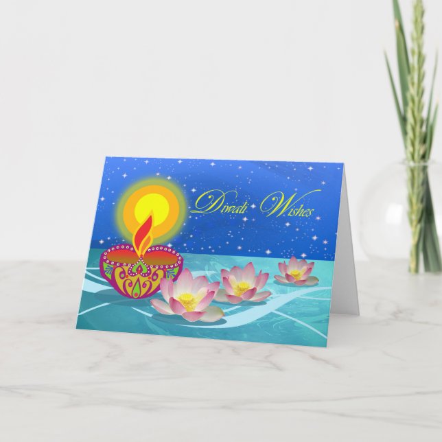 Diwali Wishes, Diya Oil Lamp with Lotus Flowers Card (Front)