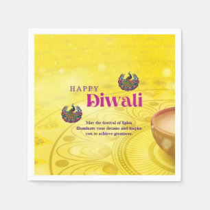 Diwali Yellow Mandala Lamp Peacock Personalised Napkin