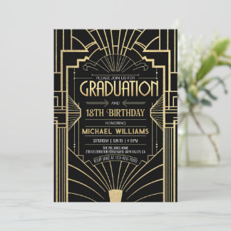 DIY 18th Birthday Graduation Art Deco Black Gold Invitation