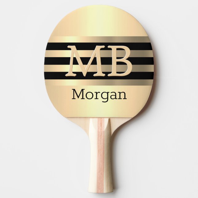 DIY 3-D Monogram/Name, Black/Gold Stripes On Gold Ping Pong Paddle (Front)