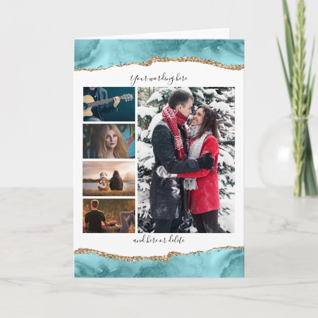 DIY 5 photo anniversary wedding marble geode blue Card (Front)
