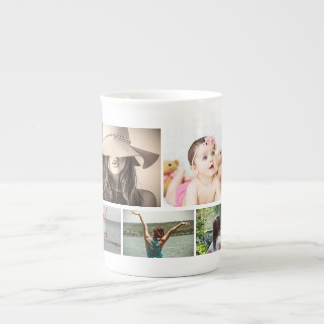 DIY 5 photo collage family friends custom Bone China Mug (Front)