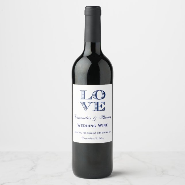DIY Background Colour Navy Blue LOVE Text Design Wine Label (Front)
