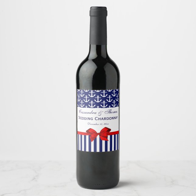 DIY BG Navy White Anchor Stripe #2 Red Bow Party Wine Label (Front)