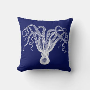 DIY BG Vintage Octopus Drawing #8 White Blue bg Cushion