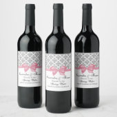 DIY BG Vintage Silver Wht Damask Pink Bow Wine Label (Bottles)