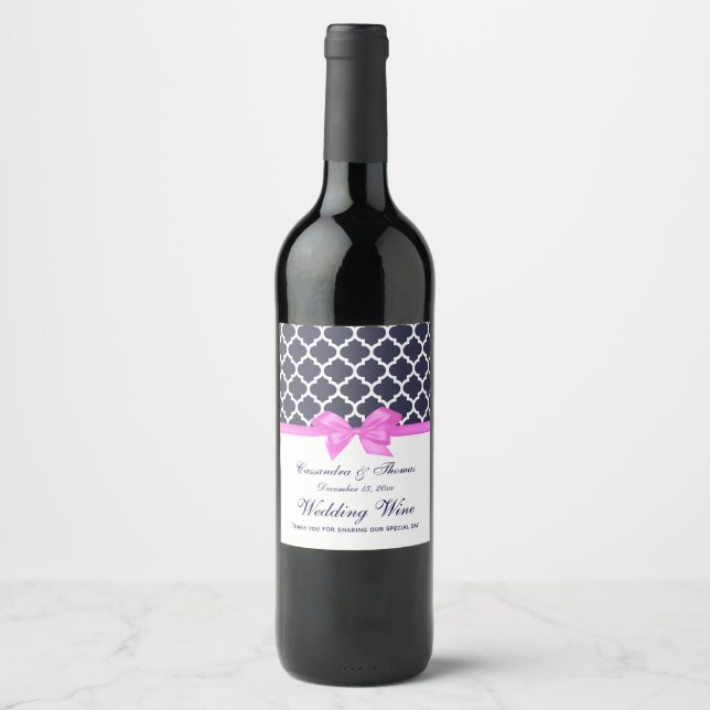 DIY BG White Moroccan Pink Bow Wine Bottle Label (Front)