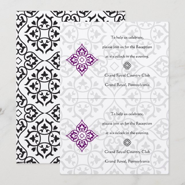 DIY Black Damask Plum Hearts Reception Invitation (Front/Back)
