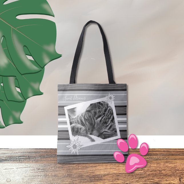 DIY black & white striped tote bag with cat photo (Creator Uploaded)