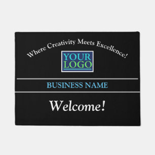 DIY Business Name, Logo, Black, Grey Stripes Doormat