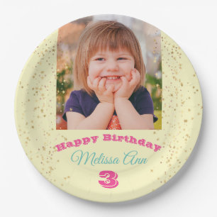 DIY Child's Photo/Name, Happy B'day Stars Pale Yel Paper Plate