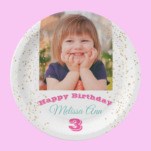 DIY Child's Photo/Name, Happy B'day Stars White Paper Plate
