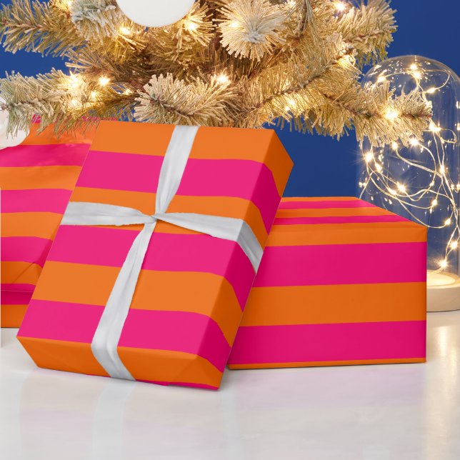 DIY Colour 2” Preppy Stripe Raspberry Pink Orange  Wrapping Paper (Holidays)