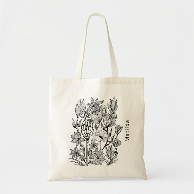 DIY colour-in floral pattern black and white Tote  (Front)