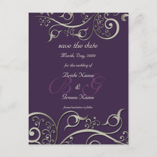 diy colour, save the date, monogram silver swirls announcement postcard