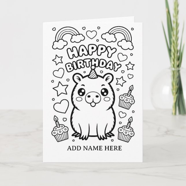 DIY colouring folded capybara birthday card (Front)