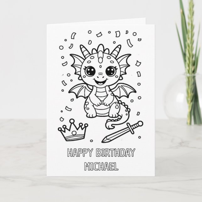 DIY colouring folded dragon birthday card (Front)