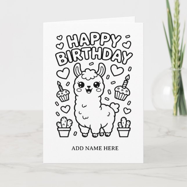 DIY colouring folded llama birthday card (Front)