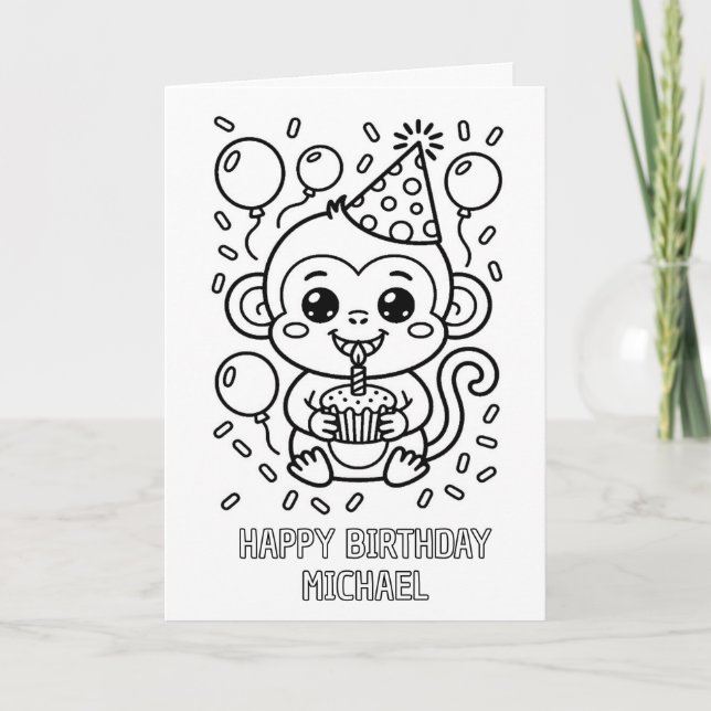 DIY colouring folded monkey birthday card (Front)