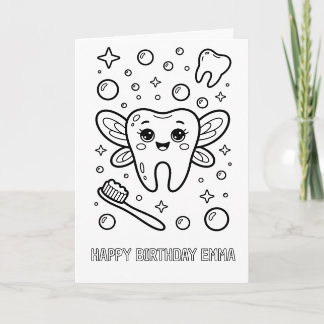 DIY colouring folded tooth fairy birthday card (Front)