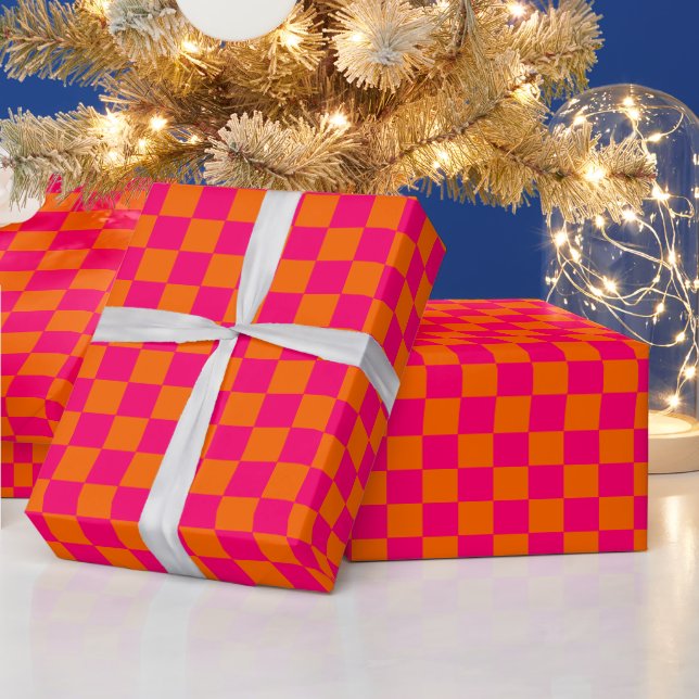 DIY Colours Check Chequerboard Ht Raspberry Orange Wrapping Paper (Holidays)