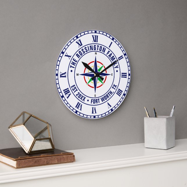 DIY Colours Compass Rose Family Name Date Estd Loc Large Clock (Office)